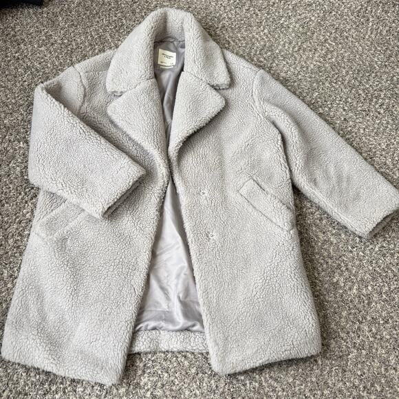 Abercrombie & Fitch The A&F Teddy Coat Gray Cozy Fuzzy Sherpa Size S Pockets - Picture 1 of 4